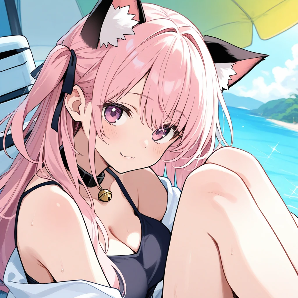 1girl, animal ears, bangs, bikini, blunt bangs, blush, cleavage, clothes lift, forehead, hair between eyes, hair ornament, long hair, mole, momoi \(blue archive\), o-ring top, open mouth, pink hair, polka dot bikini, red eyes, shiroko \(blue archive\), shirt, short hair, shorts, sky, small breasts, smile, sweater, swimsuit, thighs, white shirt