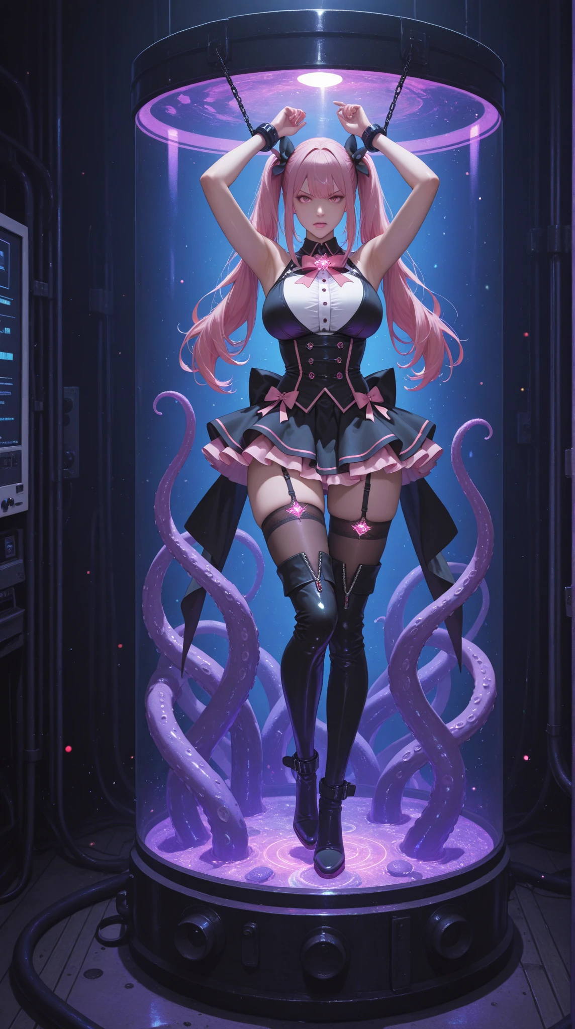 master piece,Best Quality,Ultra-detailed,High resolution,Octane Render,valkyrie,Blonde hair,Radiant hair,(1 girl),Beautiful Girl,Beautiful mature face,torn clothes,broken clothes,Seductive young woman,female focus,Beautiful breasts,Full body,(Perfect body),Standing,(purple cyber suit and red microskirt),((white side-tie panties)),Garter Belt,Bare shoulders,((Check out our thru-rack chokers and midi rings with chains,(multicolor long twin tail),big bright green eyes, Shining eyes beautiful detailed eyes),Cute,Cool,pale skin,Faint lips,A seductive and confident smile,embarrassed,Open mouth,(hair, Realistic:1),waiving very long gradient hair ribbon,to stand,She is holding a book in her hand,Blushing face,Fantasy,Sweat,steam,(messy room),((veiny tentacles)),cthulhu mythos,from below:1.2,dramatic composition,dramatic lighting
