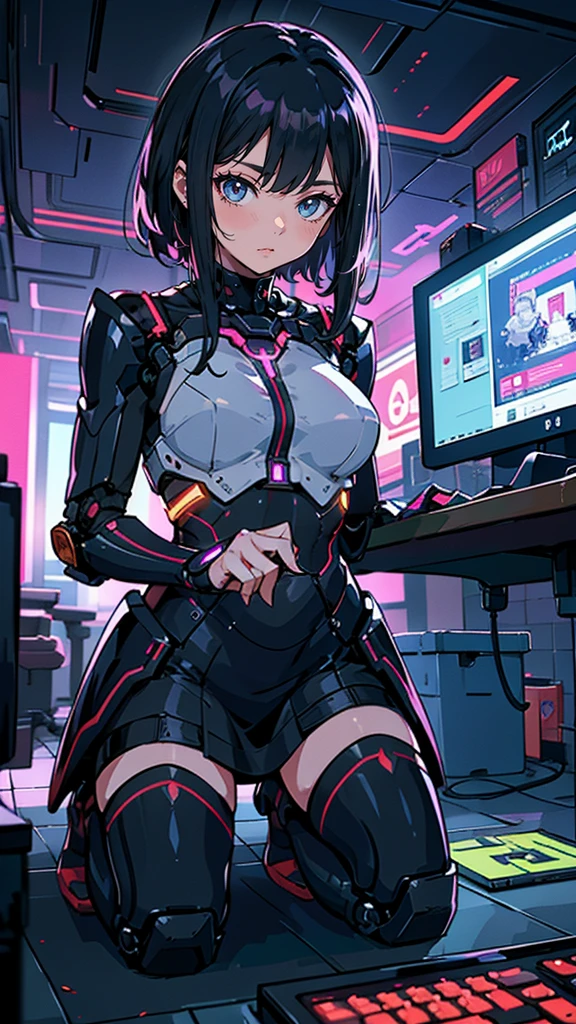 masterpiece, 1 beautiful girl, Detailed eye, Swollen eyes, top-quality, 超A high resolution, (reality: 1.4), 电影灯光, japanes, a asian beauty, very extremely beautiful, lovely、Beautiful skins, A slender, Forward-facing body, (A hyper-realistic), (hight resolution), (8K), (ighly detailed), ( Best Illustration), (beautifully detailed eyes), (ultra-detailliert), 详细的脸, Bright lighting, Professional Lighting、The background is a cyberpunk room with many monitors............、The cord is connected from the costume、Long Hair Color Pink、headset on head、small tattoo on face、nffsw、gazing at viewer