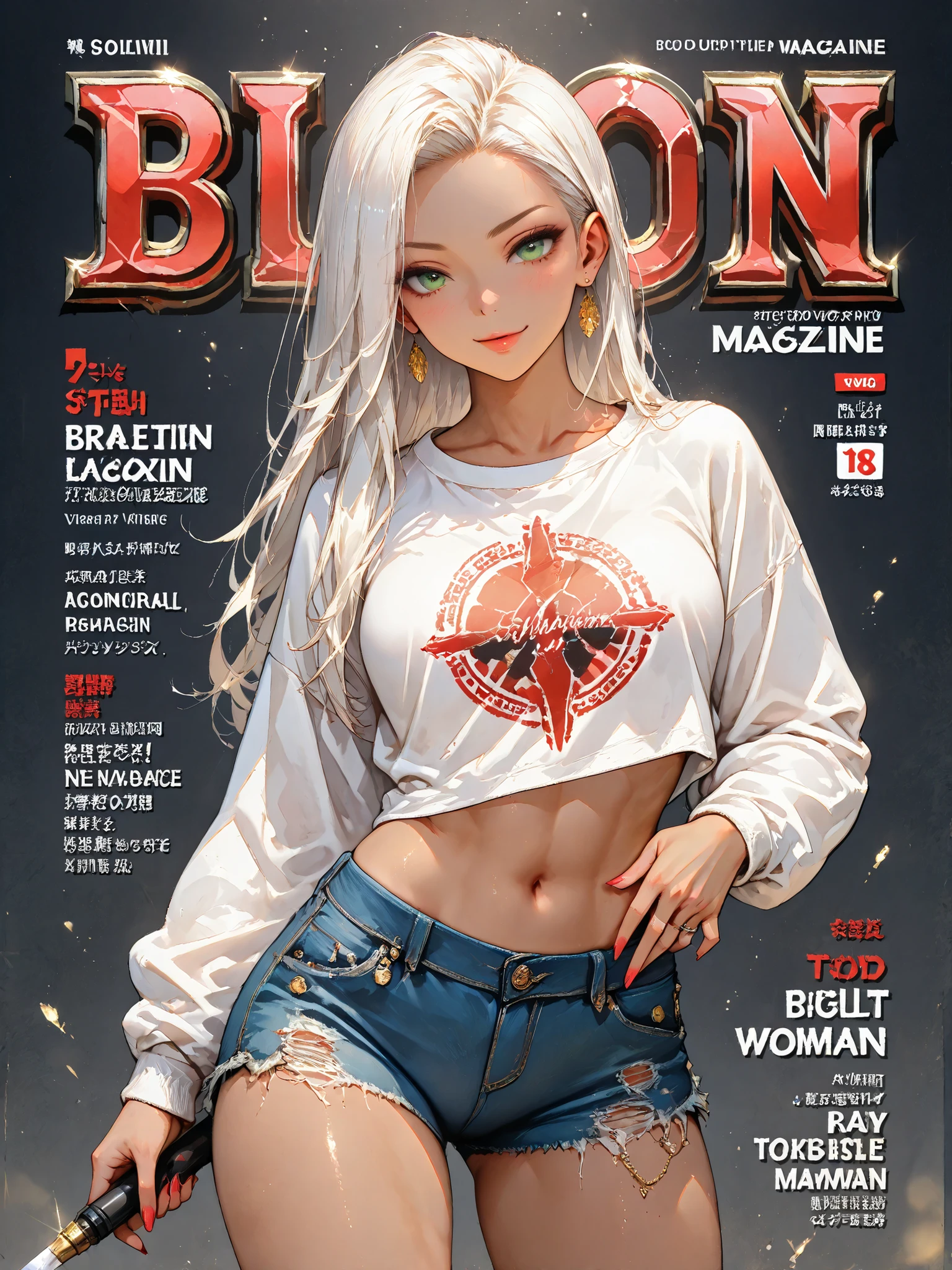 NSFW, 8K,ultra high definition,(masterpiece:1.2, best quality), (magazine cover), (많은 텍스트가 포함된 다채로운 magazine cover),fascinating, elegant, Trend, trend, radiant, head turner, dazzling, elaborate, very cool, dramatic, brave, ((swedish model)), ((((white hair)))), It shows off her enhanced look perfectly... She has perfect makeup, (((((saggy big breasts,hbig breasts,Sexy))))), 그리고 is striking a sexy, erotic pose), Her body is perfectly toned, sunny beach background, (very detailed:1.2)((((100%all nude,Lots of pubic hair)))),((red lipstick)),Blue Eyes,(Very long hair),((((bust)))),