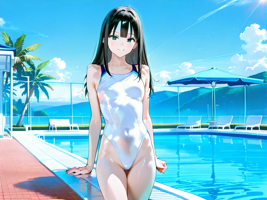 ((4K、8K、Highest quality、Perfect Fingers: 1.3、Perfect Anatomy: 1.3、Background Blur))、((14 years old、、small 、cute big droopy eyes、Straight Long Hair、Beautiful and slim girl、Black Hair))、(((White school swimsuit:1.3)))、(((Plain school swimsuit)))、((White one piece swimsuit:1.3))、((See through))、(Wet)、(Nipples)、blush、(Smiling Kindly)、Shiny skin、、Sweat、Full body angle、School poolside、