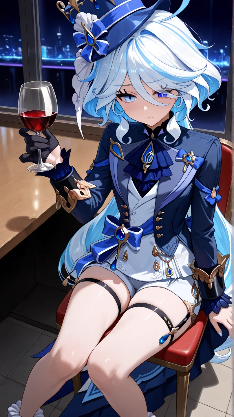 Sitting in a chair、Crossing your legs、Drinking tea、One eye open、Looking at this、tall、Blue Top Hat、bar counter、profile
