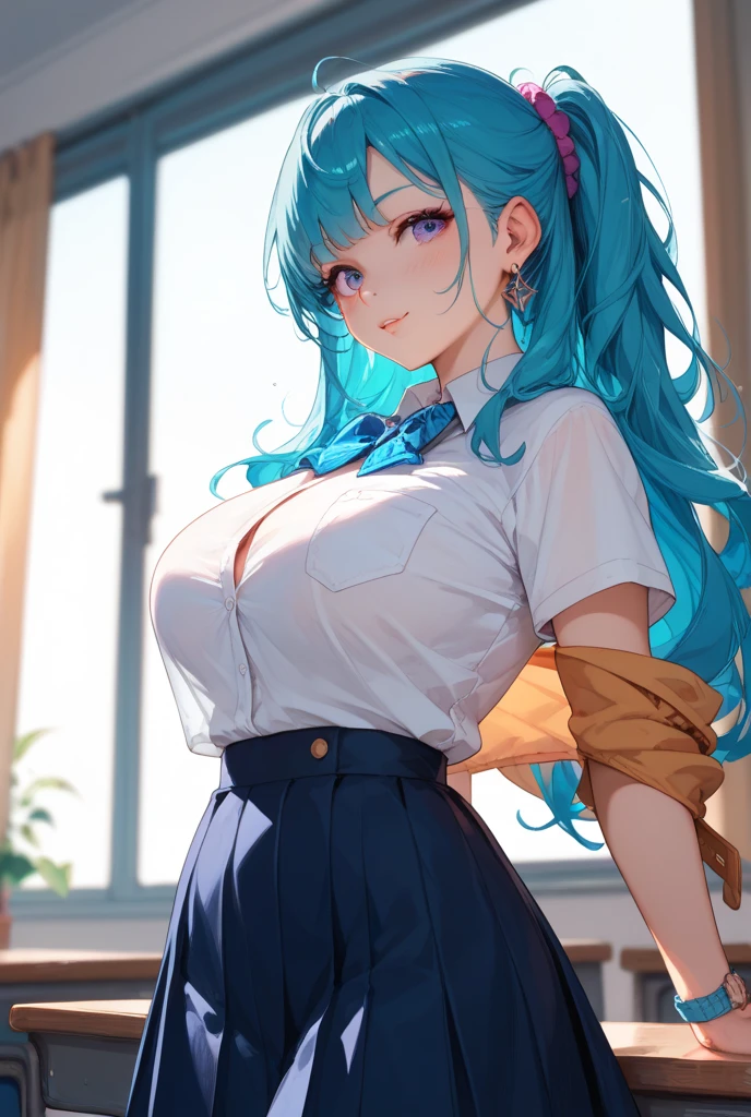 Masterpiece、最high quality、high quality、High definition、High resolution、High detail、Lens flare、Ray tracing method、high qualityの質感、high qualityの影、Beautiful details、Detailed and delicate、Detailed texture、Realistic facial expression、Realistic and colorful、Delicate、Cinematic Light、Side light、Sharp Focus、(1 woman:1.3)、(Intricate details、Makeup、Pure Eros Face_v1:0.5)、(Details Beautiful delicate face、Detailed beautiful delicate eyes、Perfect Facial Proportions、Detailed skin、Charm)、fancy hairstyles、Beautiful bangs、(Two-tone gradient hair color)、slender、(Upturned beautiful breasts)、Raise your arm and make a peace sign、(Detailed crotch、Showing off your crotch)、Female juice、(Experiencing the best orgasm)、(Light-colored V-cut、Light-colored thong)、(Thigh mini skirt、Low-rise mini skirt)、(Front-button short-sleeve shirt、Crop top)、(The wind blows and sways、 roll up)、Low-angle composition