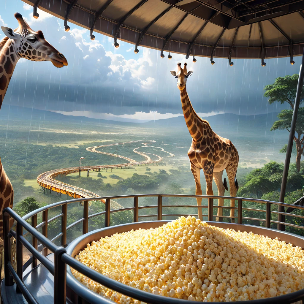 an image of a giraffe with an elephant trunk and ears, a basin on its back and a ladder on its neck, carrying people.