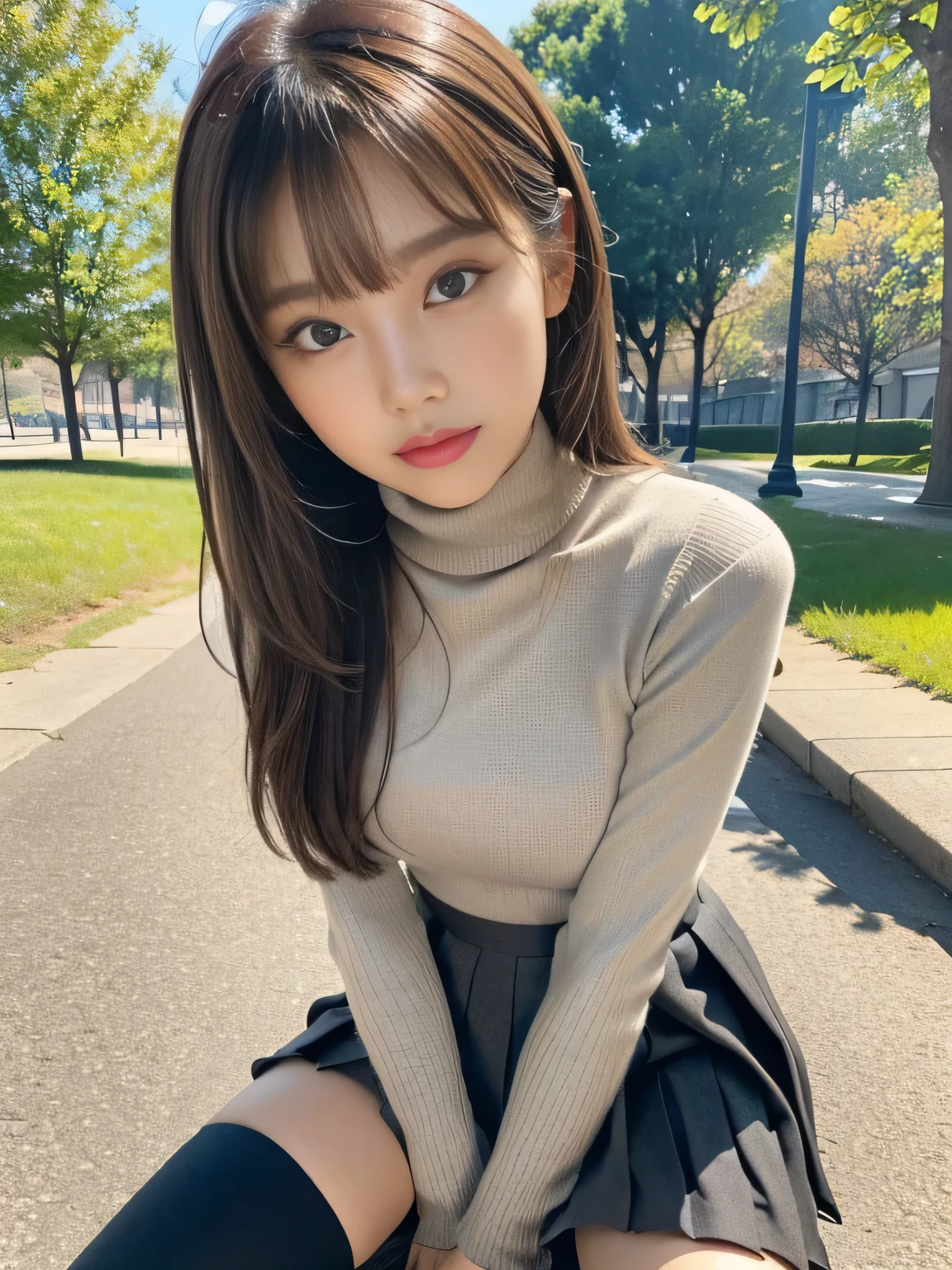 masterpiece, best quality, ultra-detailed, unity 8k wallpaper, hyper detailed, realistic, sharp features, highly detailed, professional quality, Photorealistic, hyper realistic, high resolution, korean Model, Beautiful Korean girl, (19yo:1.3), (everyday makeup, neutral tones), sophisticated look, Perfect facial features, Beautiful Face, Glossy lip, (pink blush), symmetrically eyes, Highly detailed face and skin texture, perfect limbs, perfect anatomy, POV, On a date in the park, (chestnut brown hair chestnut brown), diagonal bangs, (Black High Waist Mini Pleated Skirt:1.2, gray Short Turtleneck Knit:1.2, Long black boots:1.2, Korean Fashion:1.2), (shyly smiling:0.9),
