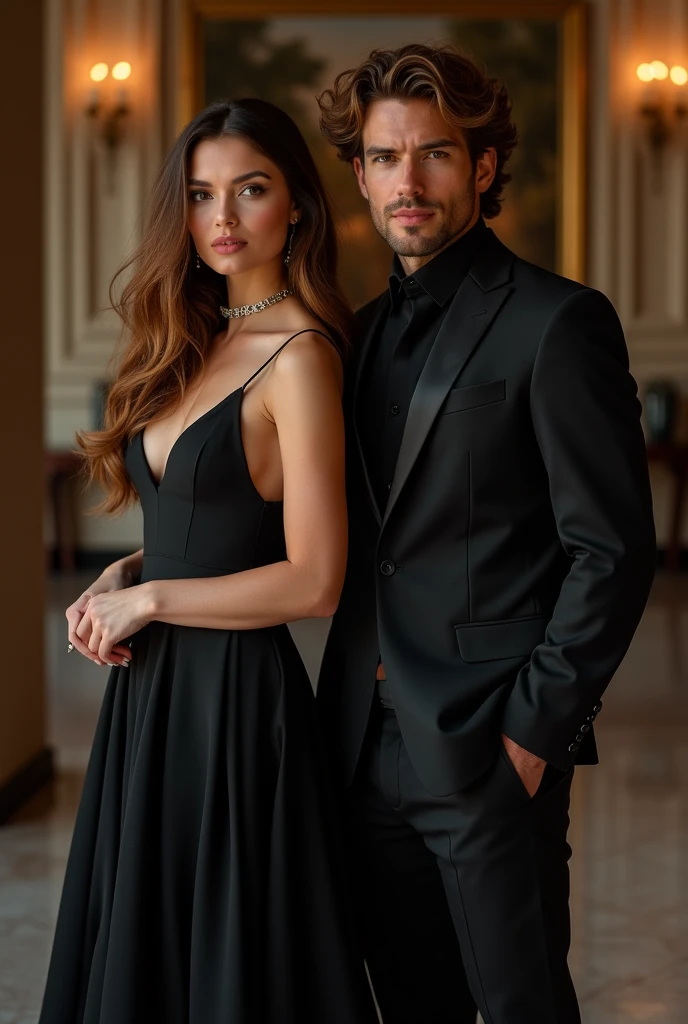 1 Boys, wearing a suit, no beard, 1 girl, wearing a black dress