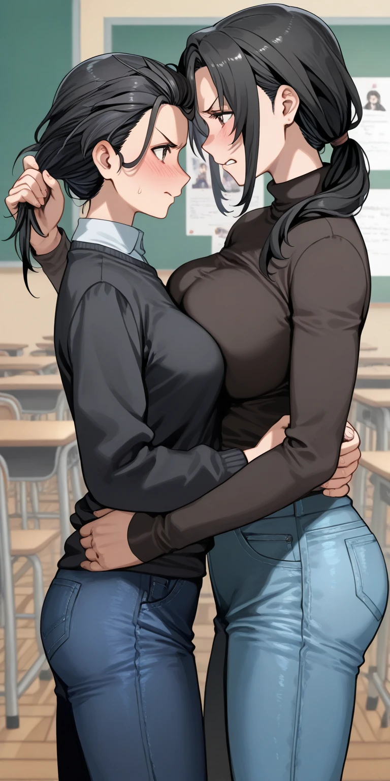 thick outlines, (vibrant shadows), deep shadows, detailed eyes, full height, (high quality), high detailed background, (realistic shadows), HD shadows, masterpiece, high detailed face, high detailed finger, young girl, (megane:1.2), (dark blue short hair:1.3), (huge ahoge:1.2), (yellow sparkling eyes), (disheveled hair), (very short hair:1.2), (skinny body:1.3), (slim waist), (narrow hips:1.2), skinny legs, slender legs, androginus, medium breast, 2 girl, (identical twins:1.4), (twins), ((yuri)), (realistic style), curvy, busines suit, naked jacket, thight pants, thight jacket, (detailed), two tomboys, old-school library, (kissing:1.2) 