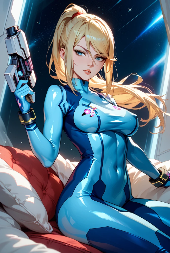 masterpiece, best quality, 1girl <lora:samus-xl-nvwls-v1-000007:0.9> defsamus, blonde hair, bodysuit, blue clothes, blue pants, upper body, looking at viewer, expressionless, outer space
