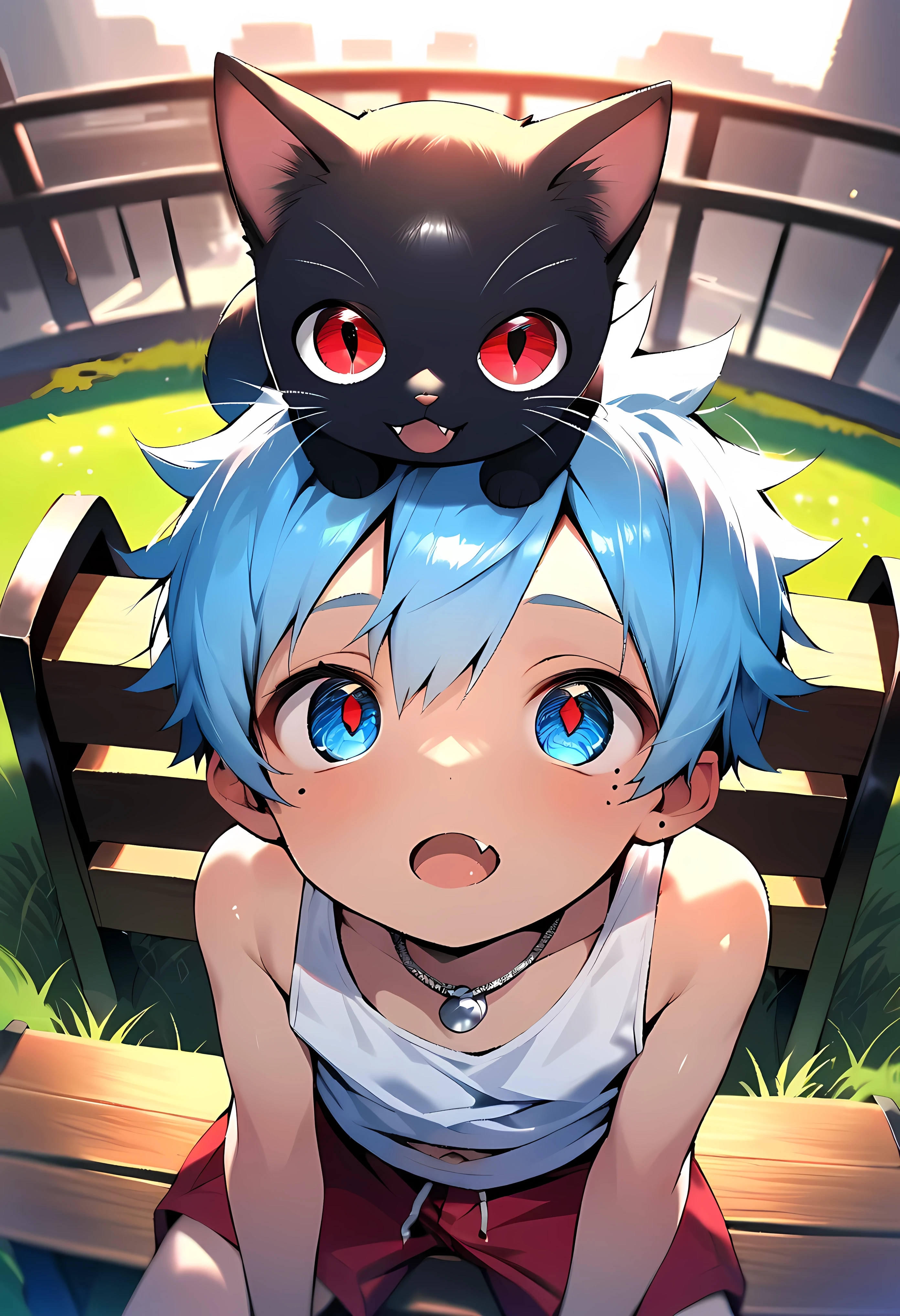 (score_9, score_8_up), (ultra detailed), (8k), (detailed eyes:1.3), (shiny eyes), (masterpiece eyes), (small eyes), (1 boy), (shota:1.5), (sitting on bench:1.3), (bent over), BREAK (white tank top), (red shorts), BREAK (light blue hair), (wine red eyes), (eyes with highlight:1.2), (black irises), mole under eye, fang, BREAK (city park:1.2), (building), (lawn), (cat on head), (small cat), (cute cat:1.2), BREAK (black cat), (blue eyes cat), (warm sun lighting), (silver necklace), navel, (look up), soft lighting, wind blowing, (from below),