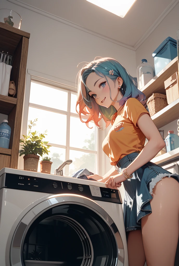 (8K, masterpiece, Best Quality, ultra-detailliert, Professional Lighting, Perfect Anatomy, anime colours), Dynamic Angle, from side, from behind,
break;
24 years old beautiful 1 female, Japanese, Large breasts, (completely nude:1.5), (floral print naked apron), bare head, Bare arms, Bare legs, Curve, pale skin, gleaming skin, light pink hair, Long hair, side locks, (Single braid:1.3), Straight hair, (embarrassed:1.5), Blue eyes, tareme, (upward-eyed),
break;
(wash laundry by hand:1.5), to stand, Looking to the side,
break;
(Hang the laundry out to dry:1.4), (hanger:1.5), (on balcony:1.2), Sunlight, Blue sky, (fence, 2nd floor), Home background, (Hanging laundry:1.5), (no washing machine), (Laundry basket on the ground)