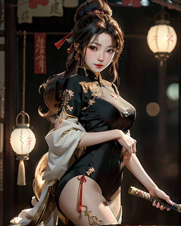 gorgeous oriental woman, black hair in an elaborate hairstyle, elegant embroidered kimono, sakura flower embroidery, gold details, full body shot, cleavage, bare shoulders, standing, large breasts, alchemist, strapless dress, vials
, potions, updo, blank background, white background, lulu, ffx