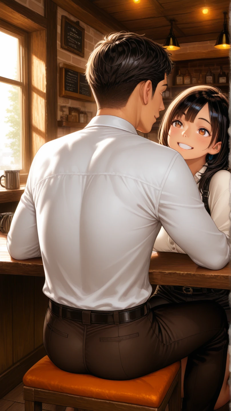 top-quality masterpiece Male and female couples Girl sitting on a chair wearing a tight skirt over a blouse with big breasts。Boy kissing her。Boy in high school long pants uniform with mash cut hairstyle。Without glasses、Revenge relationship