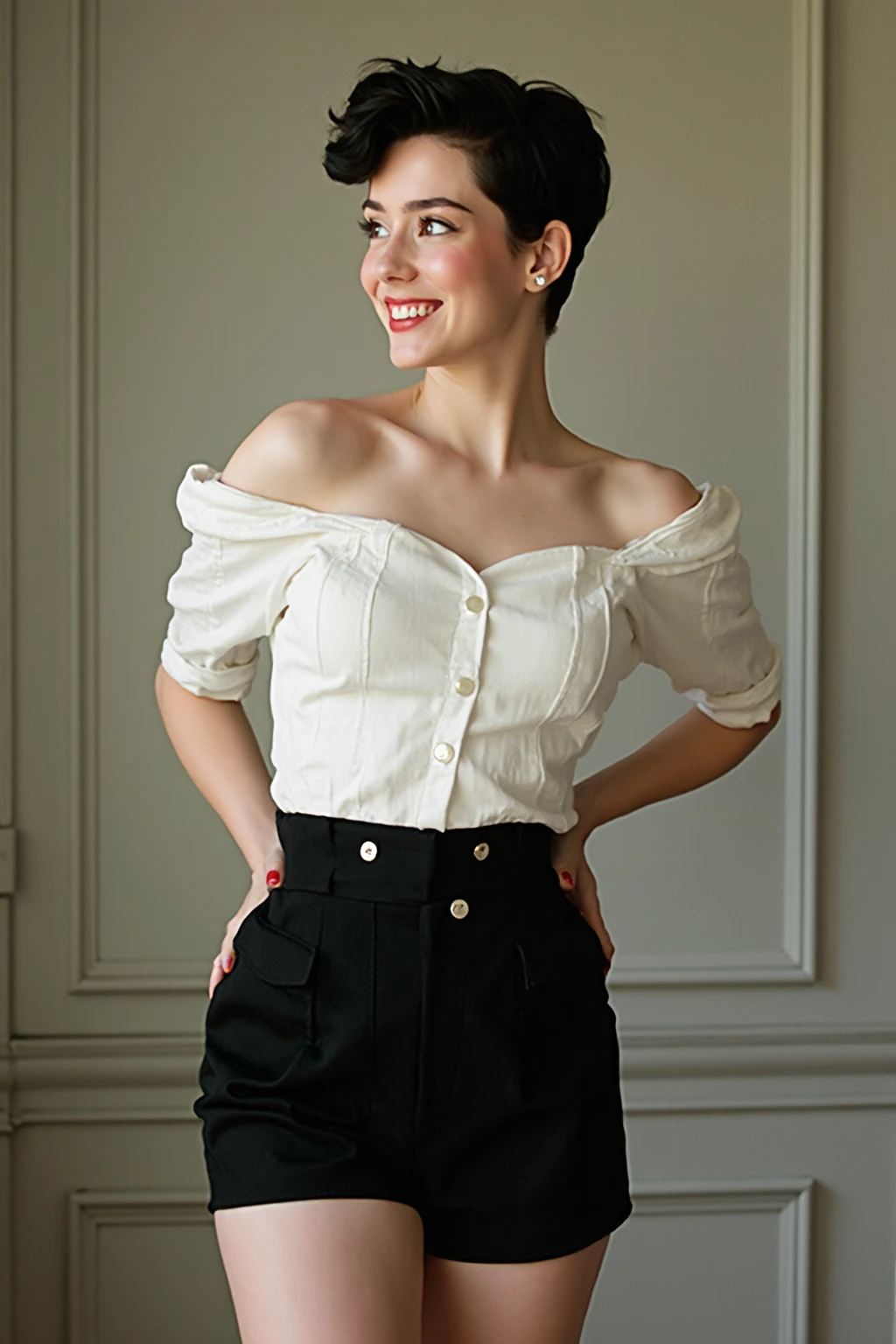 realistic photo of a 40 years old woman in a tavern, moles on face and arms, sweaty skin, real skin pores, open mouth, turn pale expression, flustered, earrings and necklace, lacy white shirt, polka red skirt, white sneakers, (white sneakers:1.2), bended on an old jukebox, bottom view, bottom point of view