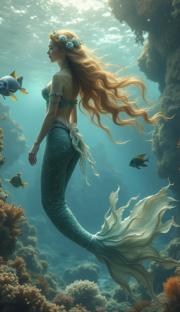 A mermaid swimming gracefully at the bottom of a fantastical sea
