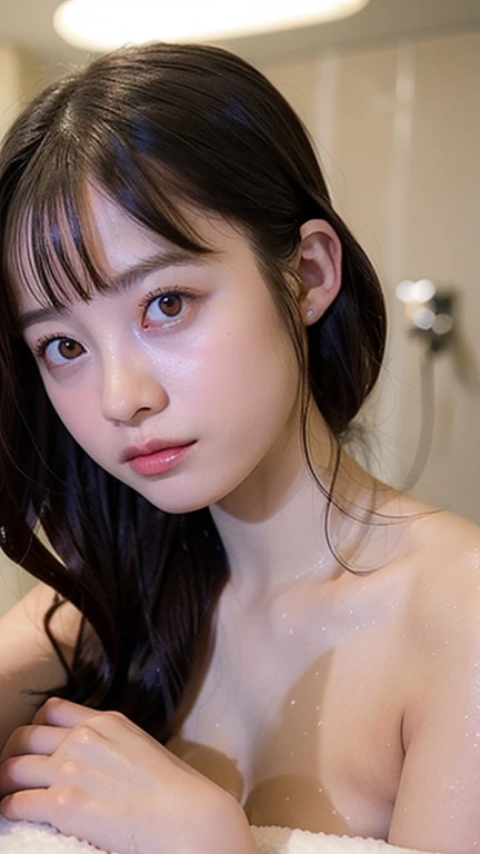 masterpiece, high quality, Perfect Face, Beautiful Face, Photo Background, ribbon, Perfect Skin, Beautiful Skin, Soft Skin, Glowing Skin, Intricate details, Delicate pattern,Open-air bath,hot spring,looking at viewer,front,((whole body)),((naked)),Black Hair,long hair,Flat Chest,Small nipples,Spread legs