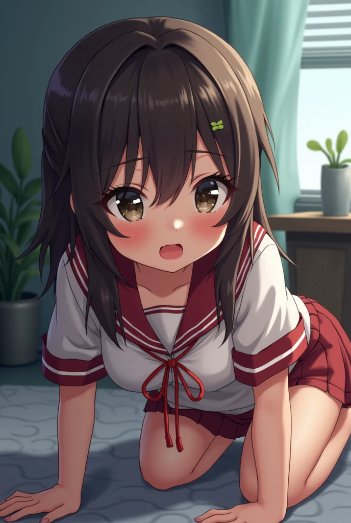 ((masterpiece,best quality)),high resolution, highly detailed,8k,16k,detailed background, perfect lighting,1girl, nsfw,embarrassed,blush, looking up,show off nipple,steam,sweat,confused,watery eye ,(close up face,open mouth,oral:1.1),(pov:1.3),tongue out,(from above),(from front:1.3),kneeling,tear,long hair,perfect fingers,(slender1.2),fu tao,twintail,(flat chest:1.2),short stature,flower shaped pupils,short stature,over size head,schoo sailor,classroom