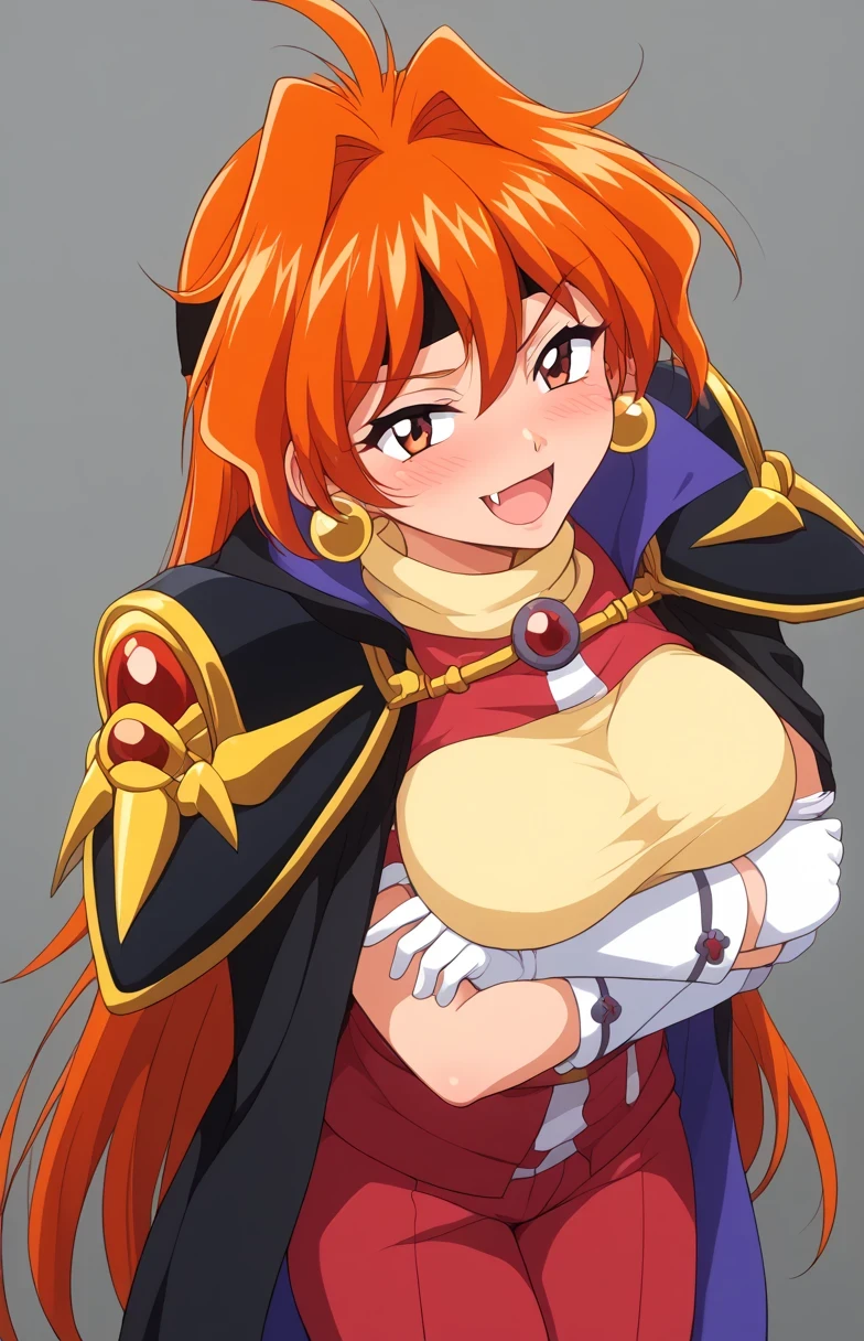 score 9 、score 8 up、score 7 up、score 6 up、source anime、 rating explicit、傑作、最高品質、高解像度、詳細な背景、1boy、solo、 Kotetsu Oosawagi lina inverse、 retro artstyle、 1990s (style)、1girl、orange hair、長髪、赤い瞳、大きな瞳、 big mouth、 fang、earrings、jewelry、white gloves、 headband、 turtleneck、半袖、 black shoulder armor、ケープ、red pants、ベルト、 yellow underwear on pant、big breasts、very large breasts、 crossed arms、looking at viewer、 simple background、白い背景、 、blush、smug、happy、オルガズム、