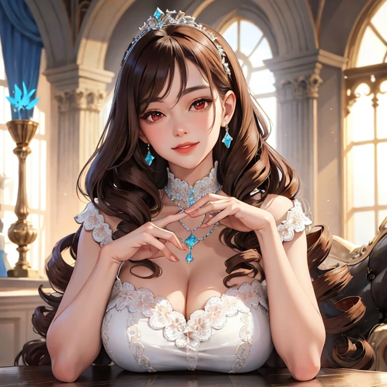 ultra realistic 8k cg, picture-perfect face, flawless, clean, masterpiece, professional artwork, famous artwork, cinematic lighting, cinematic bloom, perfect face, beautiful face, beautiful eyes, ((perfect female body, narrow waist)), red eyes, gorgeous queen, royal, divine, goddess, godlike, (royal palace), fantasy, dreamlike, unreal, science fiction, huge breasts, beautiful clothes, lace, lace trim, lace-trimmed legwear, absurdly long hair, very long hair, (rich:1.4), prestige, luxury, jewelry, diamond, gold, pearl, gem, sapphire, ruby, emerald, intricate detail, delicate pattern, charming, alluring, seductive, erotic, enchanting, hair ornament, necklace, earrings, bracelet, armlet,rabbit ears
 ,