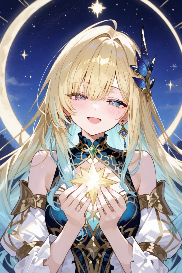 (masterpiece, best quality, highres), (chromatic aberration, floating, space), ((1girl, (mature female) long hair)), (looking at viewer, light smile, off shoulder, upper body, colorful, galaxy),