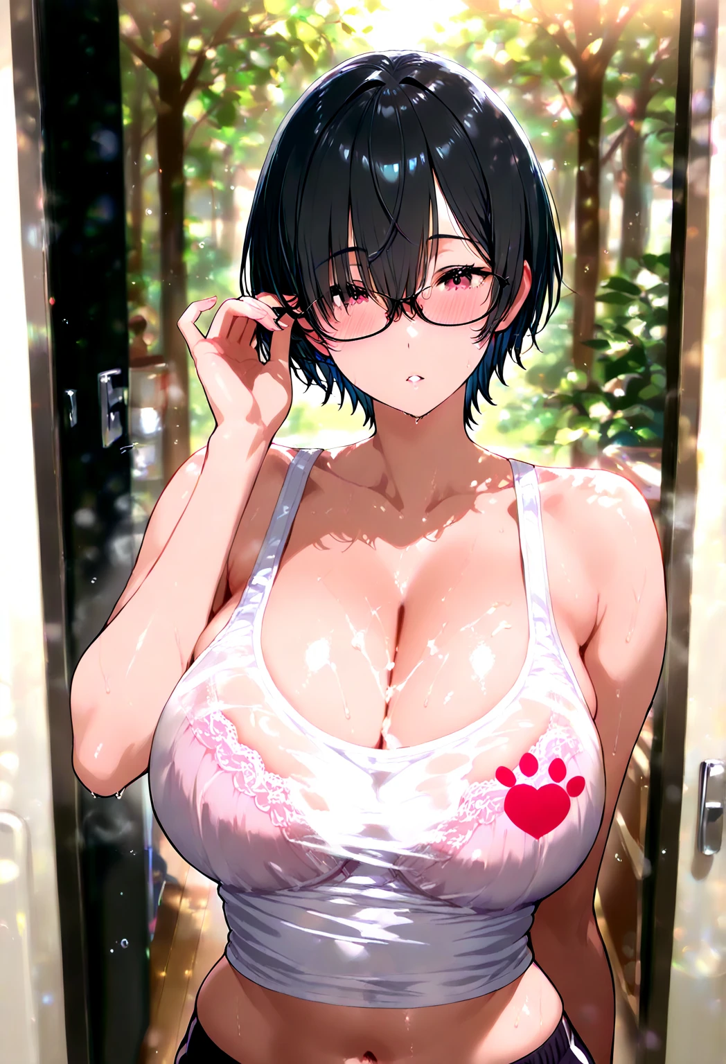 18 year old girl。The body is curvaceous、have huge breasts、Smiling, with clear eyes and an open mouth。The skin is glowing、Sweat is dripping。She has short black hair and bright black eyes.、Wearing a white bikini。There is a cat、In black and white pattern、It depicts them playing together.。(1 cat:1.2),