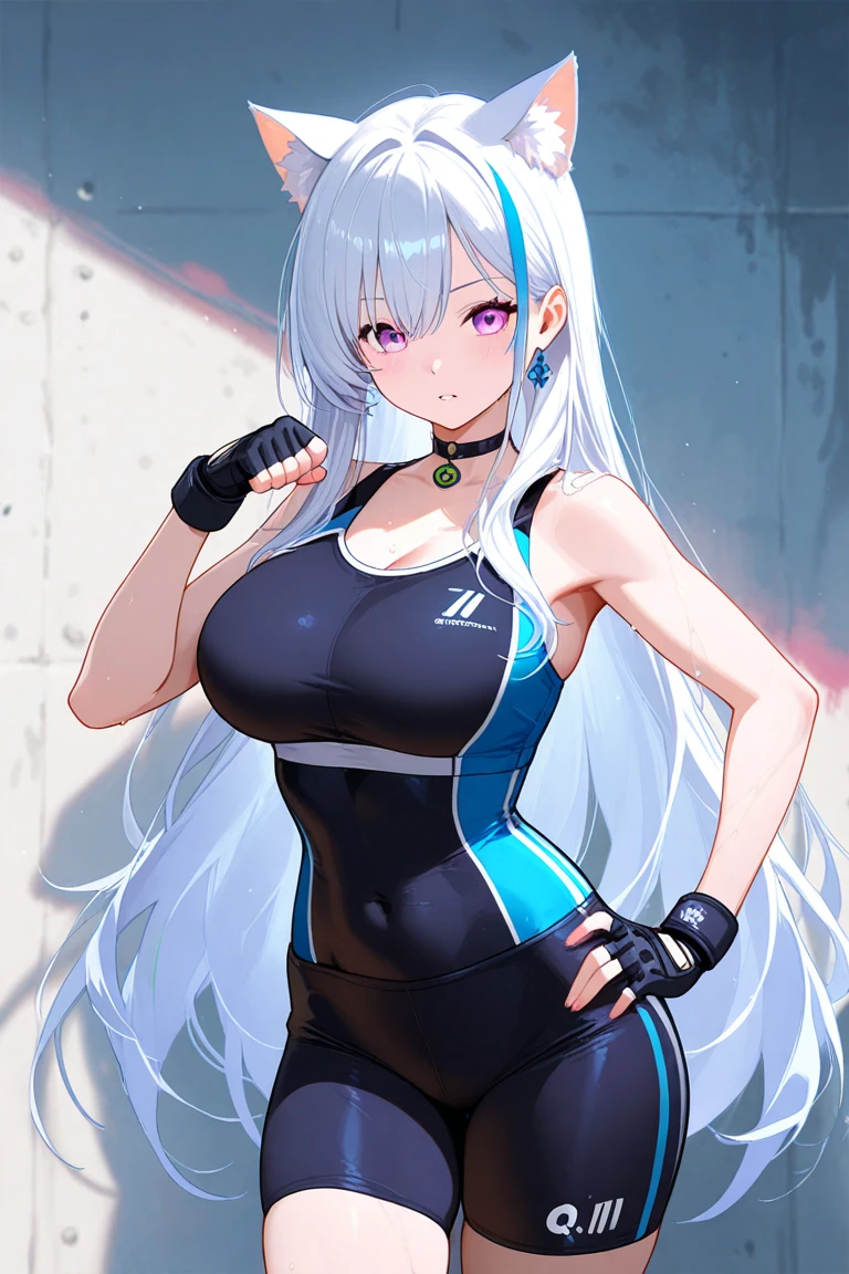 colorful, mature, 1girl, white hair, ((dark skin)), yellow eyes, see through bodysuit, swimsuit