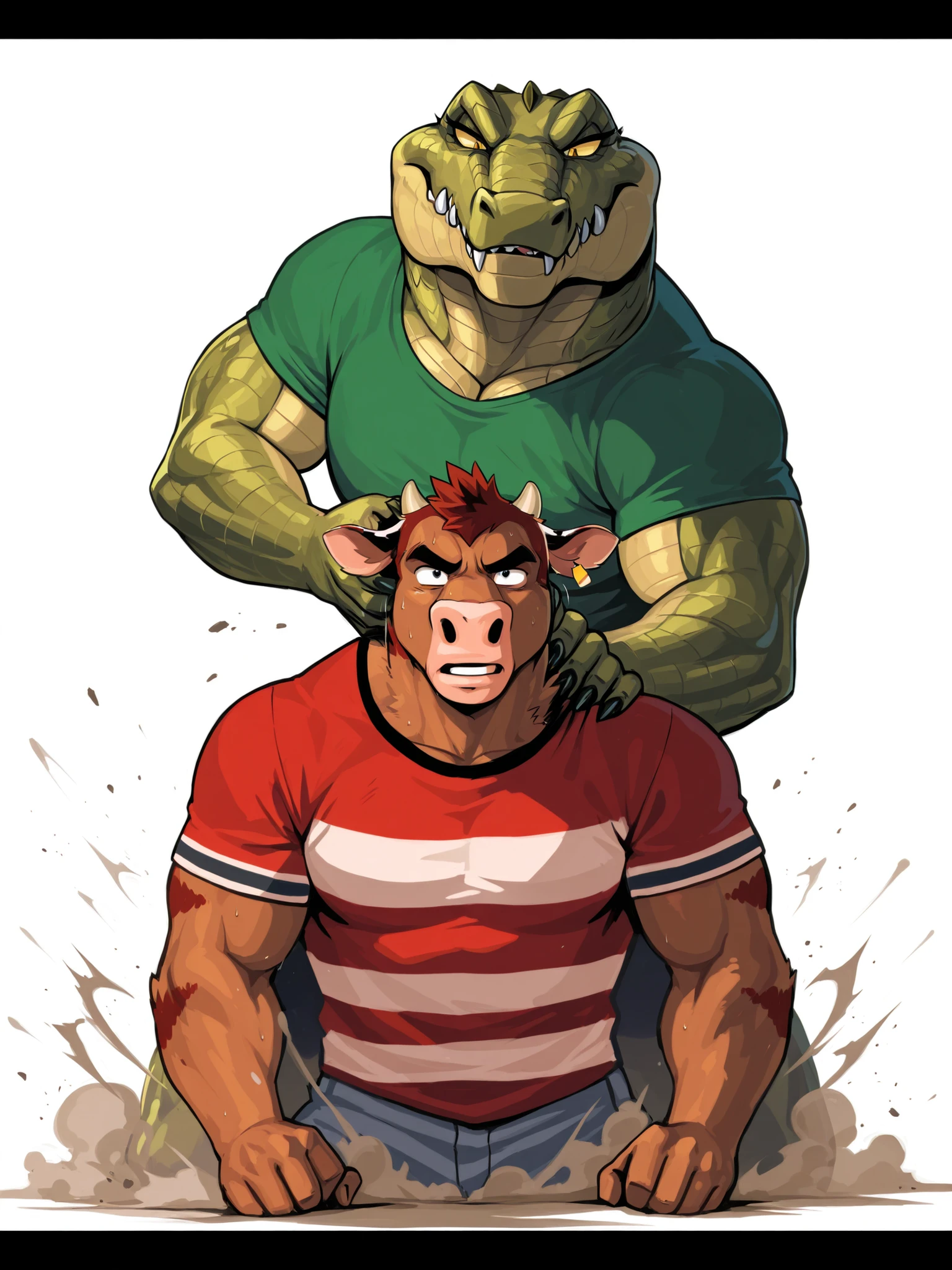 A muscular anthropomorphic crocodile wearing a plain green t-shirt forcefully slamming the head of a reddish-brown muscular anthropomorphic cow into the ground. The cow wears a bright red t-shirt with thick white stripes. Dynamic action pose, intense facial expressions, dust and motion effects, dramatic lighting, digital illustration in sharp comic-art style with clean white background. manga, 80s comic
