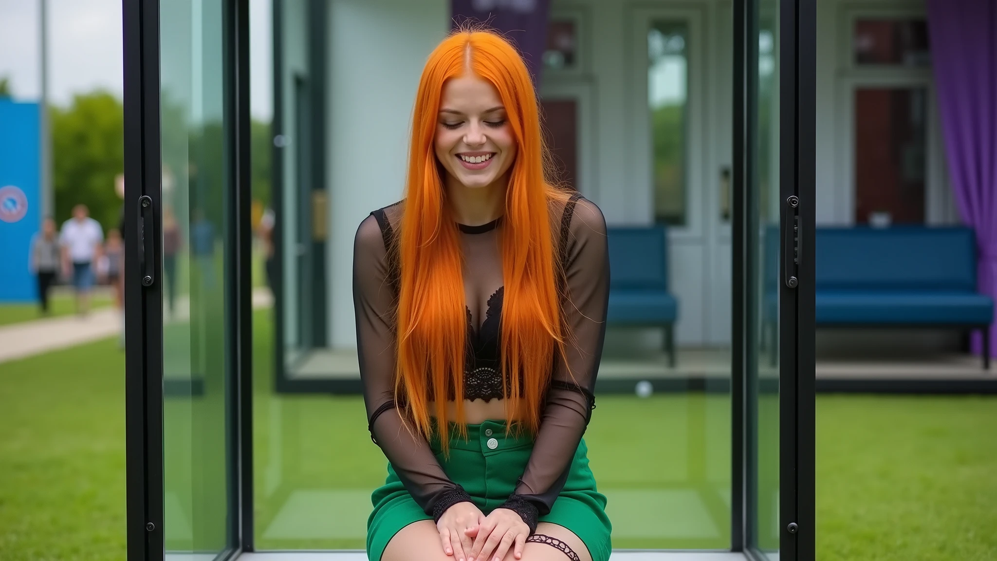 In the grounds of a college campus during a fundraiser, a beautiful 18-year-old girl with long straight orange hair and wearing a sheer see-through black top that reveals her black lace bra underneath, and a short flared green skirt sits in a plexiglass cabinet and laughs nervously. Photorealistic. Close-up. Headshot.