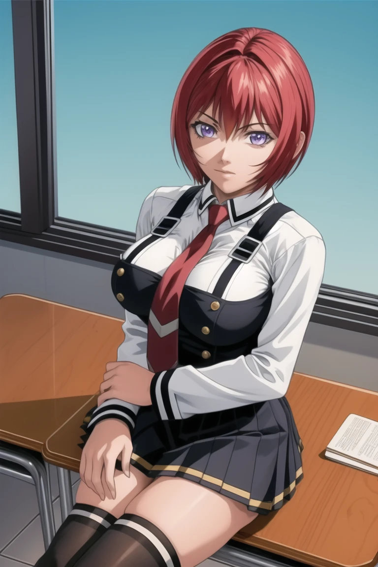 (high quality:1.2), intricate detailed, digital art,
(TakashiroGaiden:1.1), 1girl, solo, sitting on table, crossed legs,
looking at viewer, smirk,
purple eyes, short hair, red hair,
(school uniform:1.1), white shirt, miniskirt, red necktie, black thighhighs, zettai ryouiki, shoes,
curvy, large breasts,
school, classroom, windows, sky,