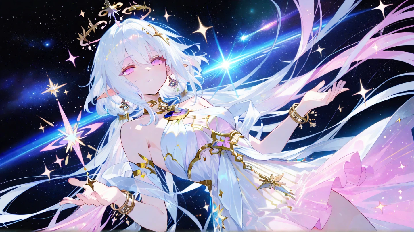 Lilac Gradient Hair,Asymmetrical hair,((My hair is very thick 1.8,Hair is clear 1.6)), Hair that falls over the shoulders, Messy Hair, Very long hair, Shiny Hair,(Long white hair:1.2),Beautiful girl,(Luxury Platinum Mini Ultra Short Platinum Lolita,Made of transparent material),(Transparent Clothes Transparent 1.8),Perfect figure,Big skinny legs,Thinness,(Sadly,A haggard complexion ,Sad,Shut your mouth.:1.2) Against the background of an unusually bright dark starry sky,(put your hands behind your back),(round,room, Hard chest),barefoot,Floating,water surface,(Long legs,Long legs,Long legs,Perfect leg shape),Full body photo。