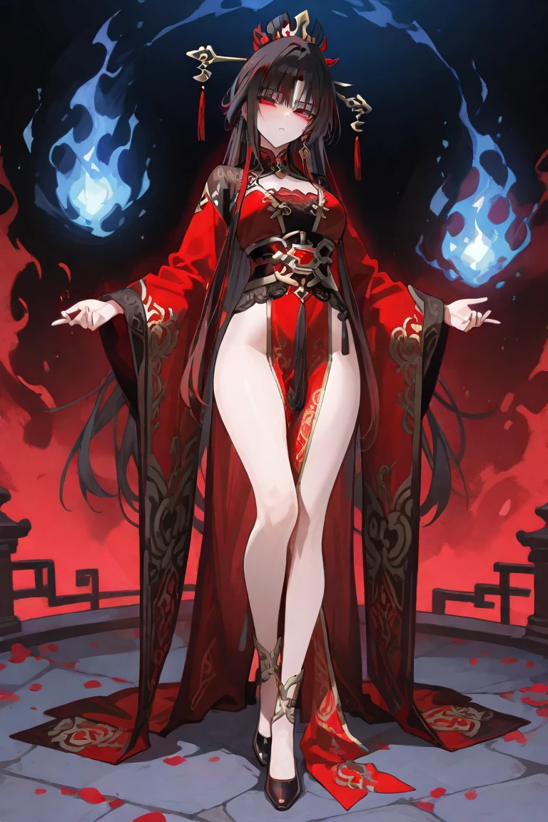 Exquisite eyes),(Clear and beautiful eyes:1.61),masterpiece, 1 young girl,(Black clothes and some red gems), Black long hair, (She has a huge red gem on her chest), Good Hand,((The Havoc of StarCraft)),full-body shot,Fighting Stance,(Red Eyes:1.466),short and small,(Very big breasts:1.35),(Pretty Face),(full-body shot:1.33),Beautiful hands