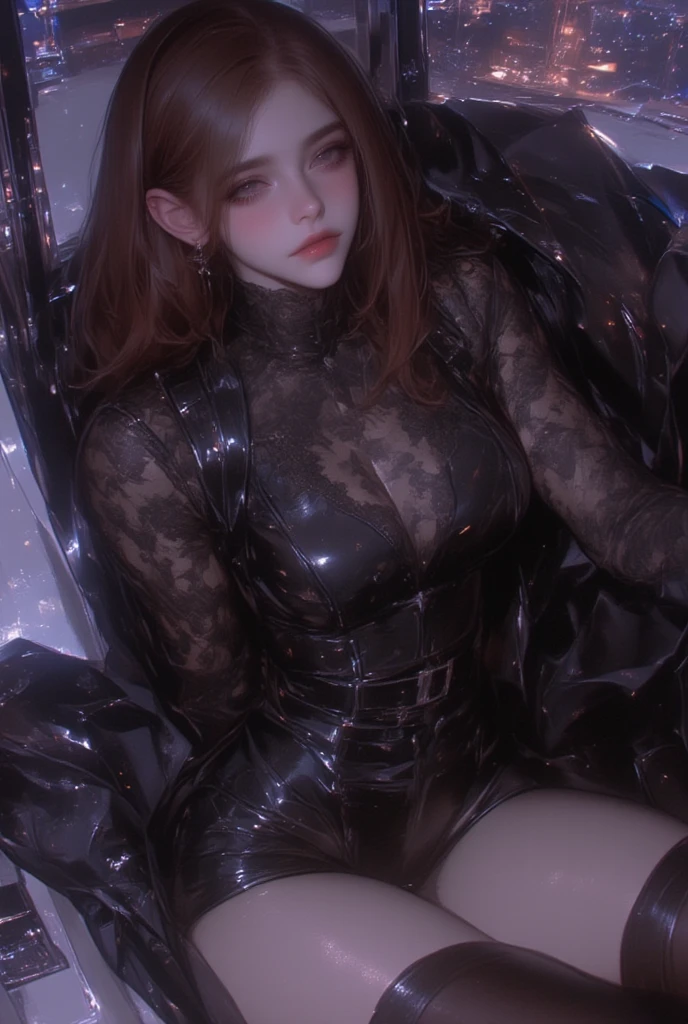 1 beautiful woman sleep on bus, ( drooling ), perky breasts, ample cleavage, round and firm breasts, perfectly shaped bust, (She is wearing maid attire/(black silk fabric without skirt/(extremely transparent:1.3)/maid's headdress:1.5), (She wears an extremely tight suit:1.7), beautiful face, aroused expression, seductive, intense makeup, (Realistic red hair), (short wavy hair, bob cut, earrings), eyes closed, mouth open, lying asleep on the bus, open legs
