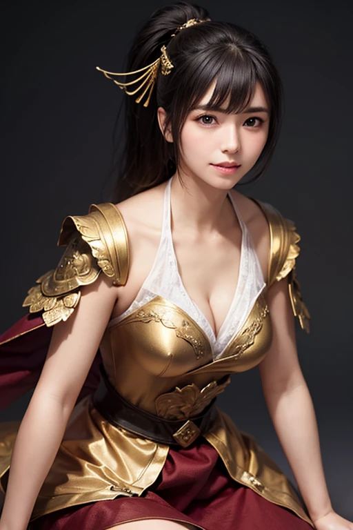 Beautiful Japan young woman, Wearing armor made of gold, Thick symmetry features, Very short hair, Background with cherry blossoms, pink halo, Red lips, Octane Rendering,