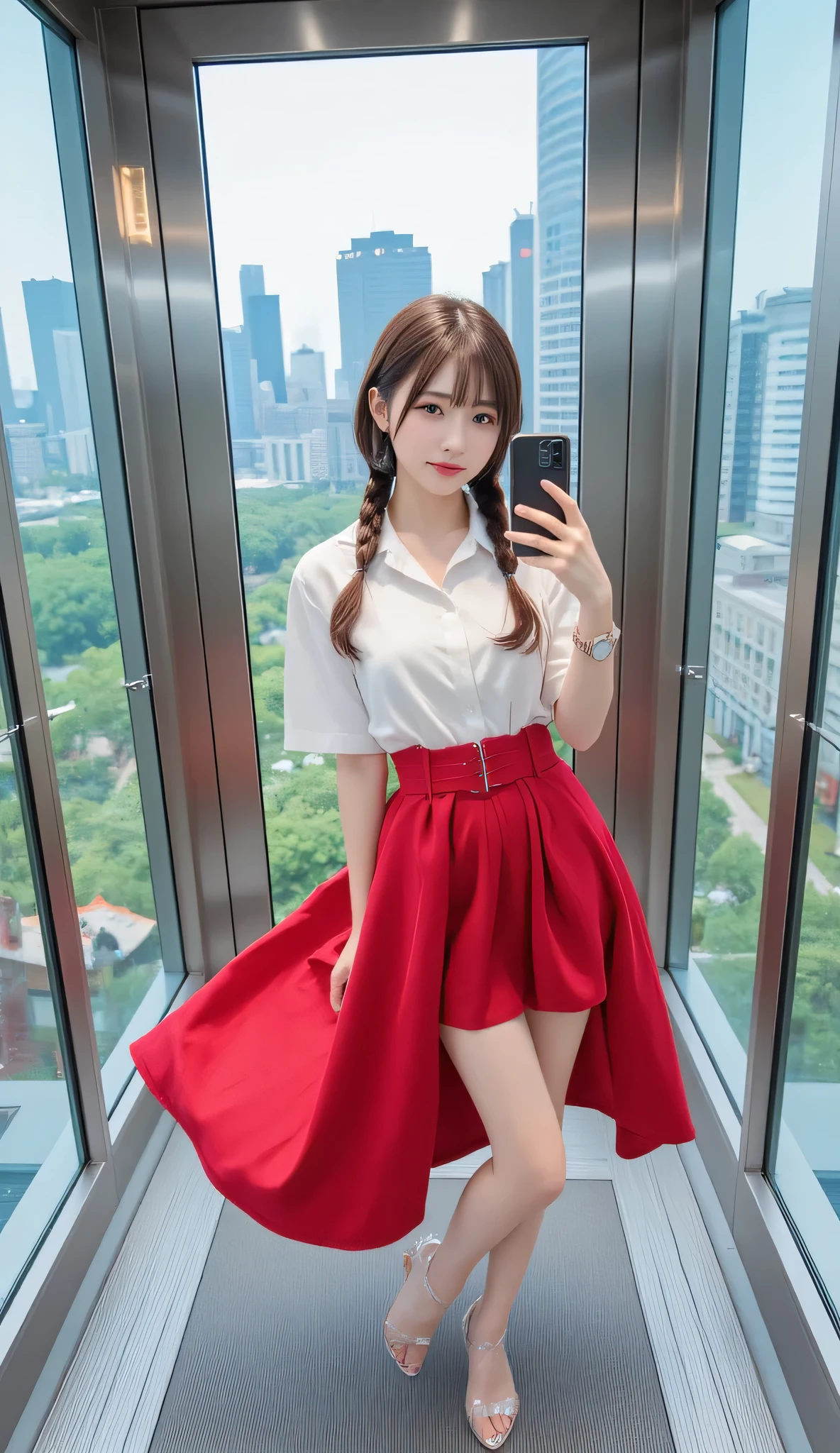 Trapeze girl。She wears a red dress and a white hat.、She has short black hair.。Although she bravely turned over,,,、The smile is very cute。There were no socks or shoes on her feet、Barefoot on trapeze。She looked free and happy.、The envy of viewers。Blue sky and clouds on background、Skyscrapers and Ferris wheel can be seen in the distance。In contrast to the hustle and bustle of the city、She plays quietly in the air、The skirt flips up.