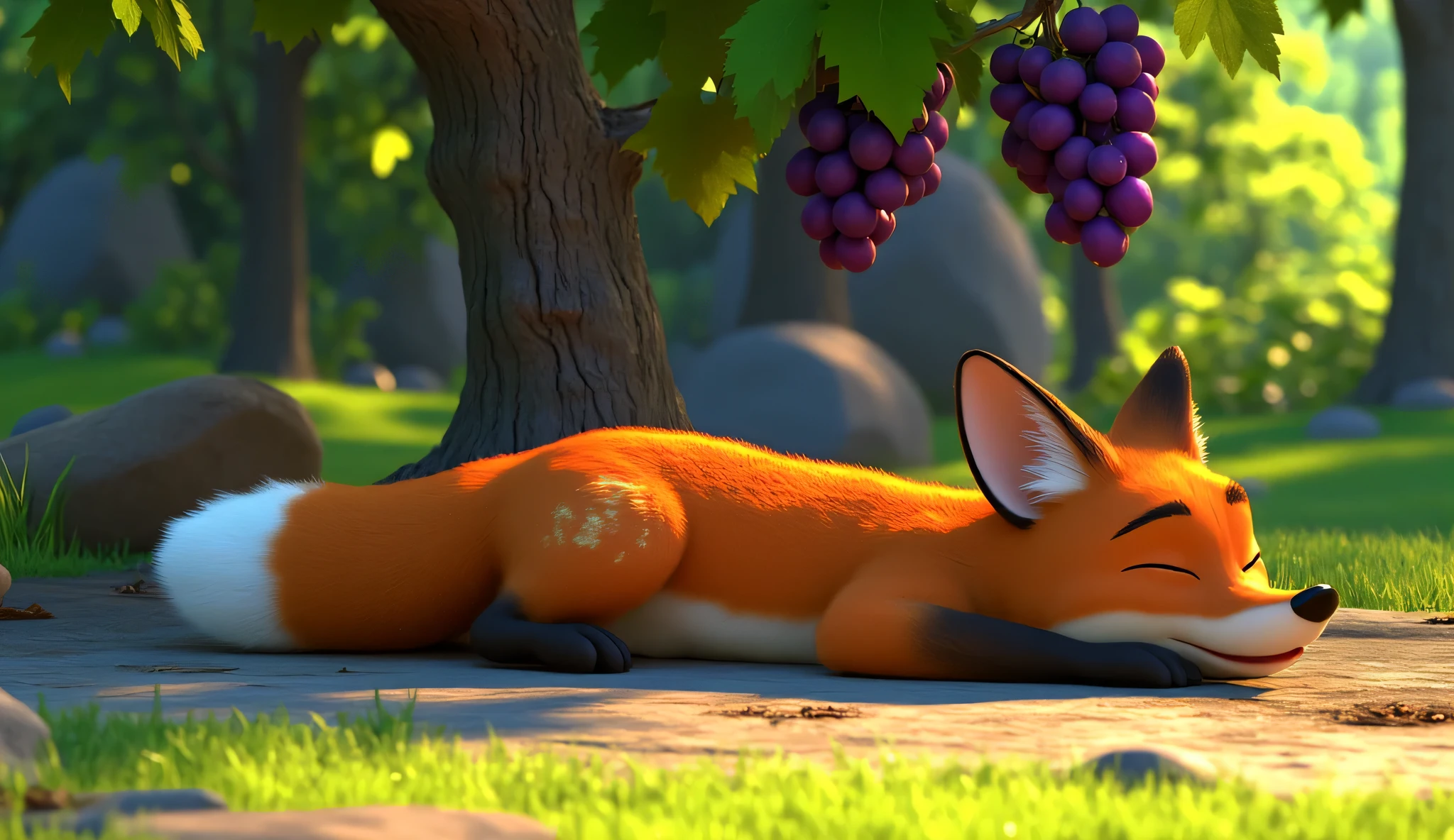 "Exhausted fox lying on the ground, panting, with a few scratch marks and dirt on her fur, grapes still hanging above untouched"