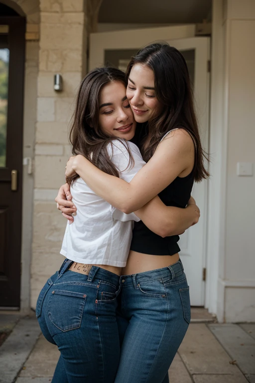 a middle-aged woman aged 60 years, without clothes, wearing tight jeans, hugging intimately with a young man aged 19 years, without clothes, jeans, in a hotel room, they smile at each other, very detailed, cinematic, photorealistic, HDR quality
