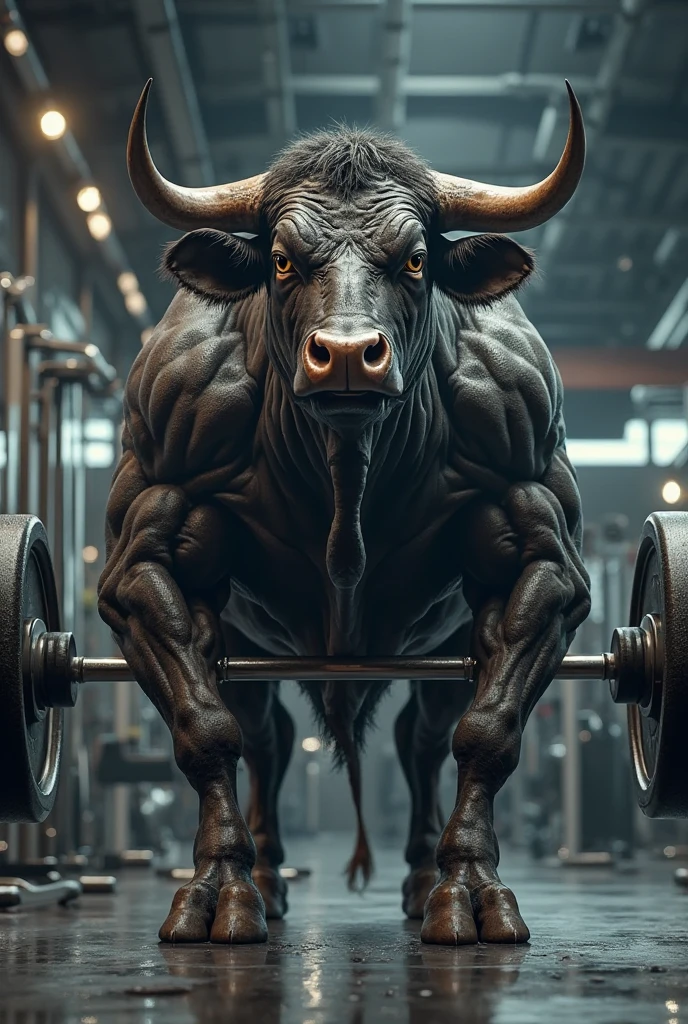 A very muscular buffalo standing upright at the gym