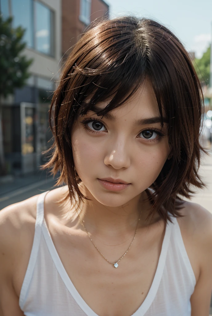 4k, Top quality, 1 beautiful woman, super short Hair, at park, rain, shy smile, hang umblera