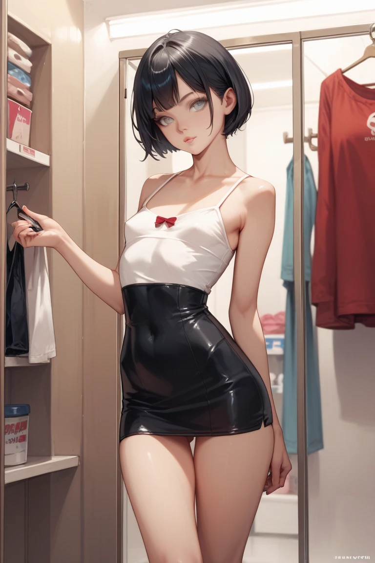 anime girl wearing wet pink clothes, realistic shadows, skin detailed, very tiny breasts, Bblack hair, hair ribbon, very detailled, 8k highly detailed face, perfect face shape, perfect lips, perfect nose, fix beautiful eyes, watching spectator, work of art, best qualityer, single, no good, witheout panties, standing alone