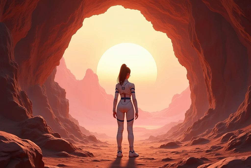 rear angle, Highly detailed RAW color Photo, Rear Angle, Full Body, of (female space soldier, wearing orange and white space suit, helmet, tined face shield, rebreather, accentuated booty), outdoors, (looking up at advanced alien structure, on alien planet), toned body, big butt, (sci-fi), (mountains:1.1), (lush green vegetation), (two moons in sky:0.8), (highly detailed, hyperdetailed, intricate), ((DAY TIME)), (lens flare:0.7), (bloom:0.7), particle effects, raytracing, cinematic lighting, shallow depth of field, photographed on a Sony a9 II, 50mm wide angle lens, sharp focus, cinematic film still from Gravity 2013, from behind