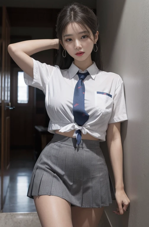 best image quality, RAW photo, ultra high resolution, Photograph taken from the thighs up, gentle smile, golden ratio face、(boob:1.3), tie, ribbon, school uniform, collared shirt, school uniform shirt, Navel soup、(plaid mini skirt:1.2),emphasize the thighs、Facial expressions waiting for a kiss、Lips that shine with glitter、Fair skin, glossy white skin, Wavy longhair、Braided hair, bright silver hair, light gray hair, neatly arranged bangs, beautiful eyes, beautiful eyes of random colors, very thin lips, beautiful eyes with details, elongated eyes, pale pink cheeks, long eyelashes, beautiful double eyelids, eye shadow, earrings, beautiful and detailed sky,Detailed Tokyo cityscape,night, beautiful and fine eyes,(collared shirt:1.1), 赤いちょうtie,pleated skirt,(short hair:1.2),floating hair、night景が綺麗な屋上に座っている、(Shooting from below:1.4)