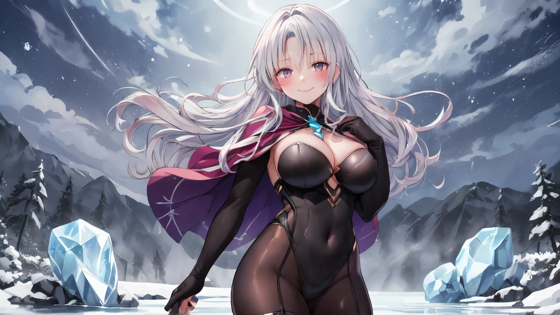 best quality, FHD, dark fantasy, bored, in the snow mountain, dynamic angle, ground-level shot, full body shot、One Girl、White Hair、Long Hair、黒いleotard、healthy、Normal breasts、Large Breasts、Anime illustration、leotard、(leotard:1.3)、(ハイレグleotard:1.3)