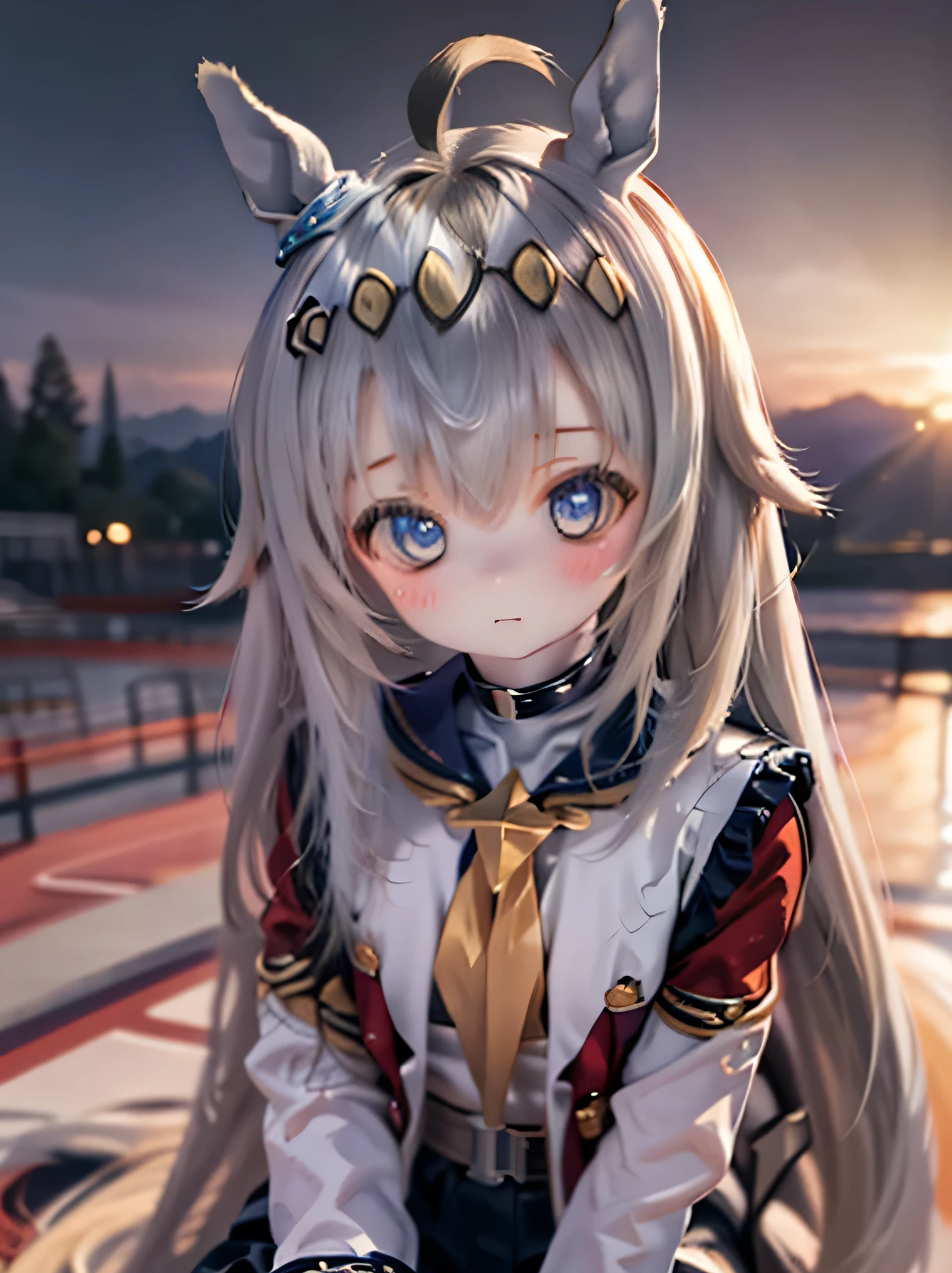 Oguri Kappu、runs、Horse Girl、masterpiece、4K、Genuine、realistic pictures、very detailed、UHD quality、bright lighting、Detailed、Vivid colors、bokeh、fantasy landscape、 Compa、Grove、Twilight Sky、Beautiful horse