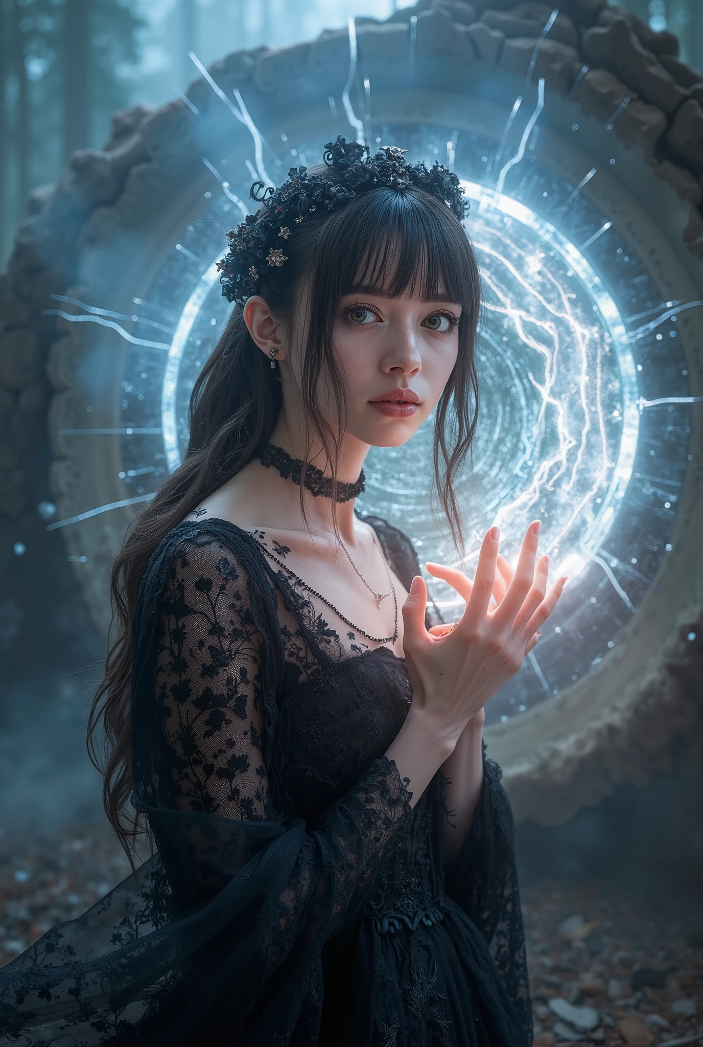 A Beautiful Witch, Fantasy Magical Portal, Magical World , magical atmosphere, photorealistic, advanced details, Best Quality, 4K, 魅力的な女性の肖像, Mysterious Eyes, Elegant Magical Gestures, Wrapped in a Magical Aura, natural look, Delicate skin, Magical World に佇む, detailed background, Beautiful Light Production , Elegant Magical Gestures, Detailed Image Quality, HDR, UHD, studio lighting, Detailed depiction, photorealistic, bright colors, Blur effect, magic effect