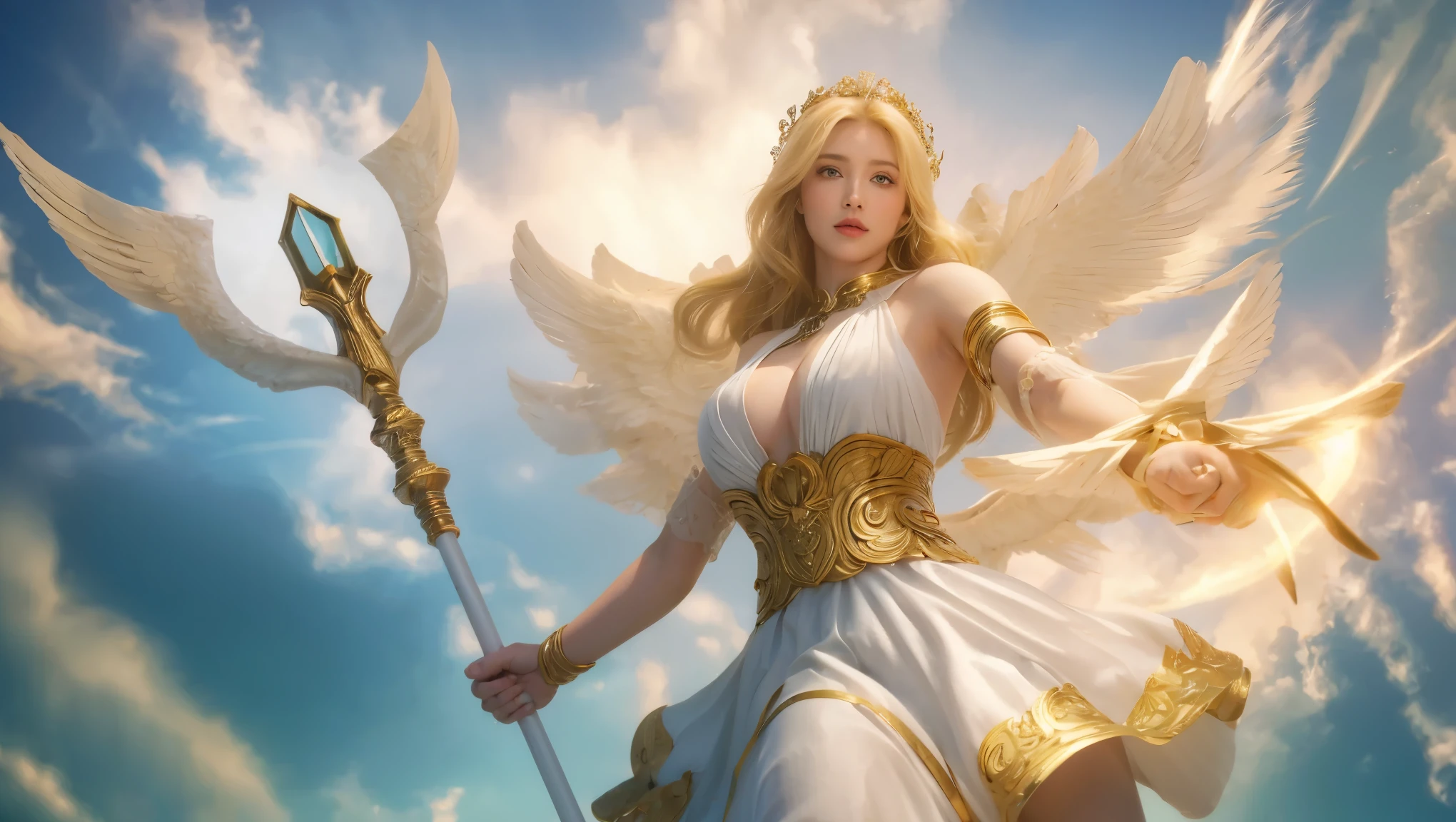 ((masterpiece,best quality,highest quality,illustration,intricate details)),1 girl, blonde hair, goddes, gold ornament, gold wings, large breast, holding magic staff, casting light spell, healing spell