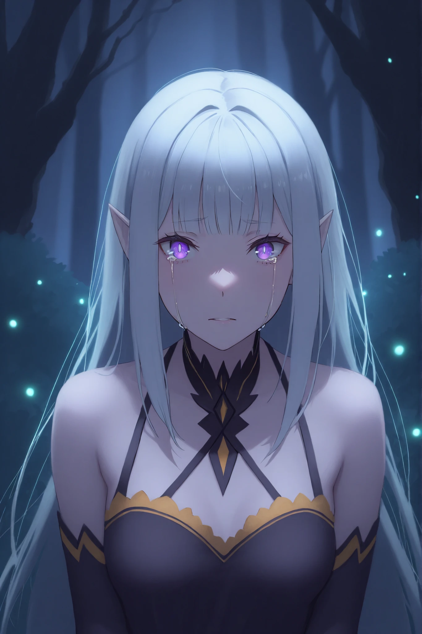 satella_rezero, anime girl, long silver hair, long elf-like ears, violet eyes, crying, realistic, 8K, high resolution, masterpiece, ultra-detailed, photorealistic, HDR, studio lighting, professional, vivid colors, detailed facial features, sorrowful expression, sitting in a dark fantasy forest, moonlit night sky, glowing fireflies, dense fog, intricate foliage, mossy tree roots