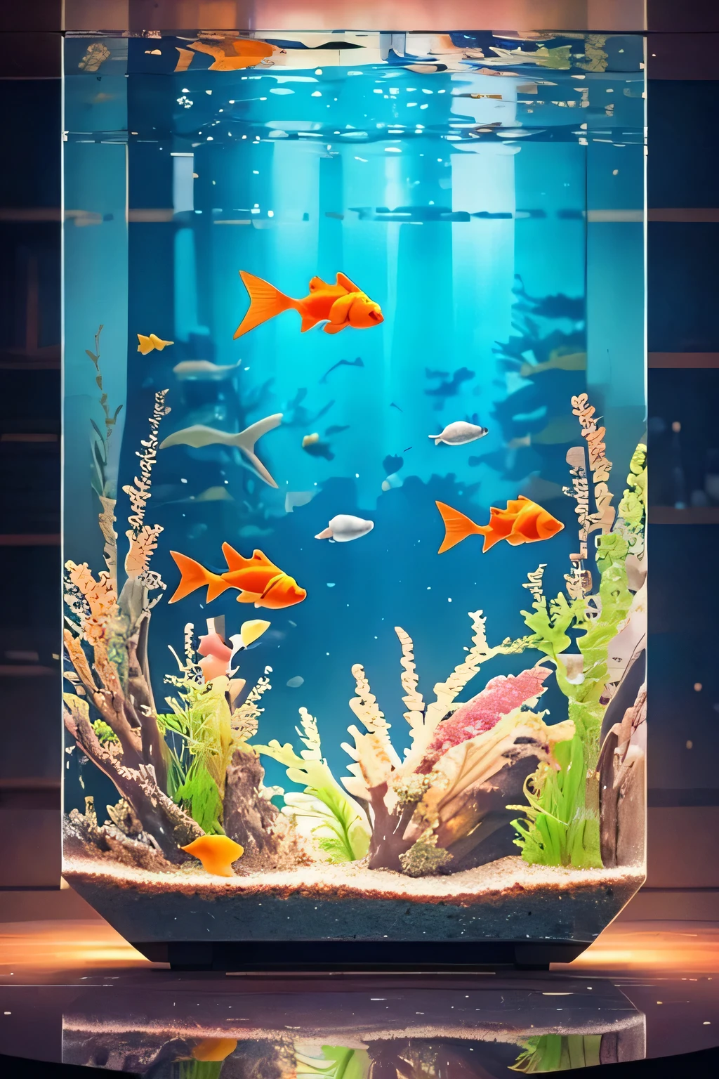 A whimsical aquarium display featuring an oversized transparent bowl with bright orange and white goldfish, 暗い背景に照らされた. It looks like water flowing down the sides of the bowl is overflowing, illuminated against a dark background creates a dynamic visual effect. This scene、captures a vibrant atmosphere with twinkling reflections and playful movements of the fish, highlighted by lighting that enhances glowing colors.
