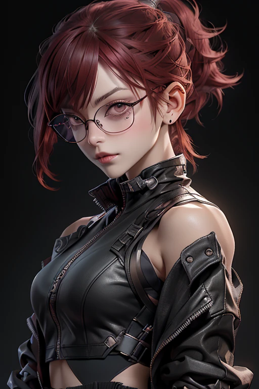 Brown hair, cyberpunk, pink hair, breast, split, сексуальны,, and also wear round black glasses. ((show your hard red nipples))
