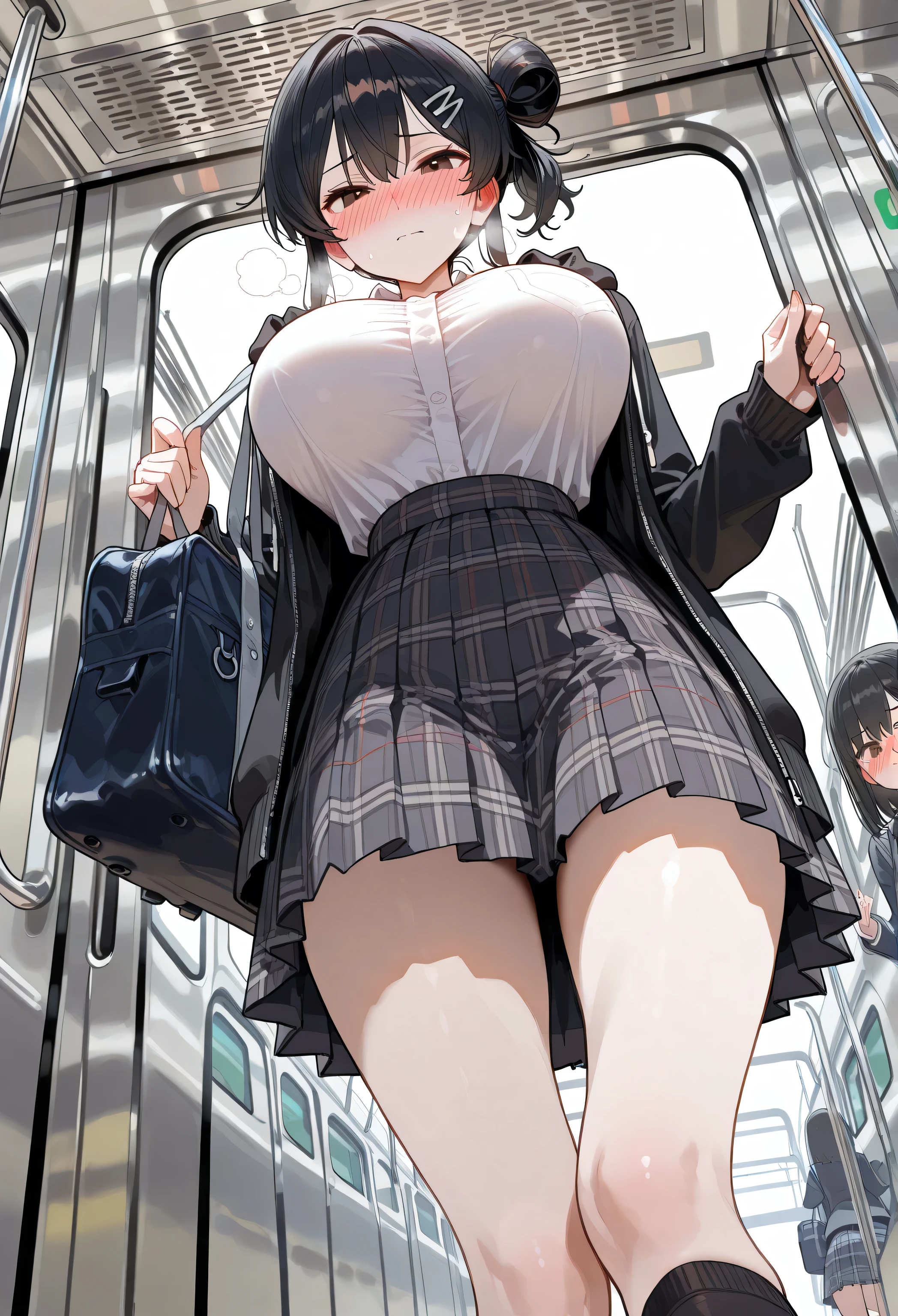 (Ultra Details:1.4),(solo,girl,curvilinear,),long sleeve,Open Hoodie,gray pleated skirt, Plaid Skirt,thigh-length socks,school bag,(Big Breasts,disproportionate breasts:1.1),slender,(skinny body:1.3),(Low Rise:1.3),((Curved lines )), Attractive physique,( Delicate and Big Breasts),( thin hands and feet),black hair,(Mr.々hairstyles of 3 women),hairpin,brown eyes,heavy breathing with cat and p,shortness of breath,nose blush,inside a train,(Super Details, Advanced Details, high resolution, best quality, masterpiece, very detailed CG, clear , 超high resolution, accurate, perfect anatomy,Super Detailsed skin, beautiful detailed face because it's a dark bar, beautifully detailed eyes, beautifully detailed hands),(Dynamic Angle),(sidemap,from below)