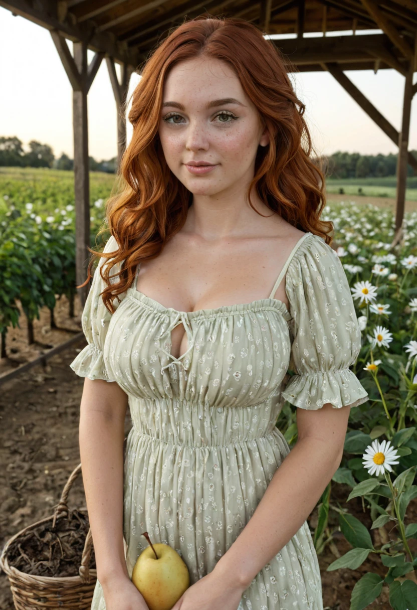 Luma is a topless person, she is beautiful And have a strong posture, she has huge breasts that have a voluminous proportion, a pear feminine silhouette, Auburn hair, long Auburn hair, She has expressive eyes, ( Only eyes olive green) Her skin is fair and she has some light freckles on her cheek bones, busty, Farm, Brown rustic clothes, boho clothes, farm boho fashion clothes, romantic vibes, fire lights, fire sparkles, flowers clothes the hair to be half straight and half with curled ends cartoon