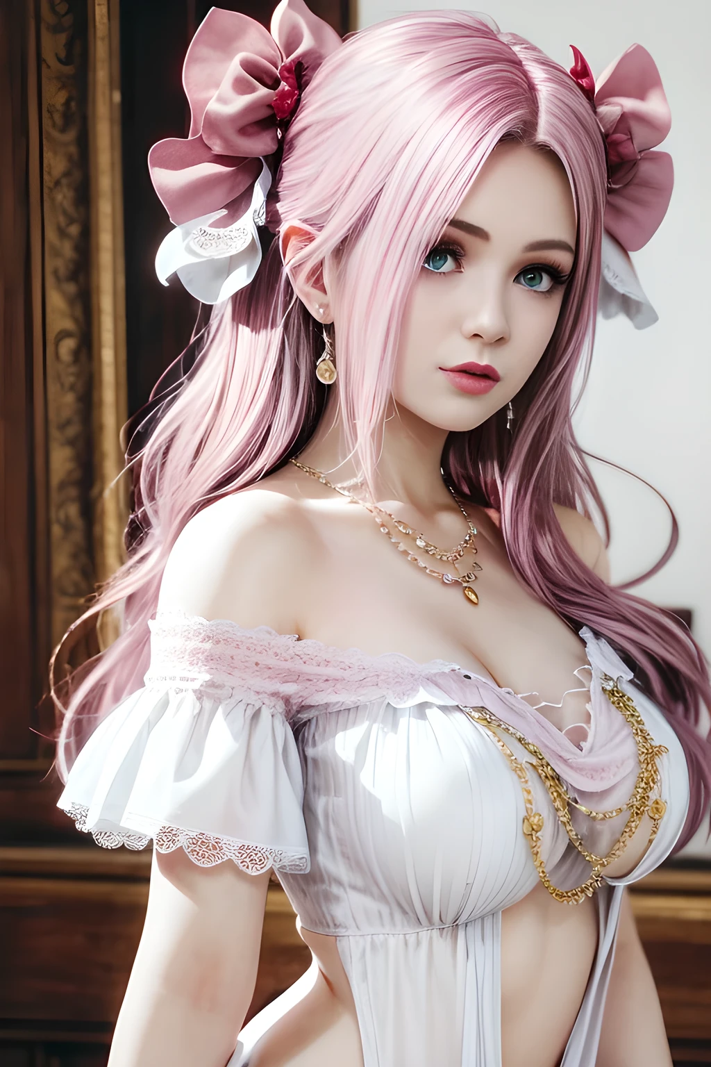 ((nsfw)), sexy stylish Swedish model, only 1 female, ((doll-like appearance)), long neon pink stylish hair, shiny Victorian-Style boots, beautiful smile, ultra detailed eyes, vivid eye makeup, lipgloss, long lashes, defined eyebrows, , ((sexy Paradise Kiss cosplay)), bell-shaped skirt, petticoats, high neckline, puffed sleeves, (( ultra detailed lace)), ((ultra detailed embroidery)), intricate details, Paradise Kiss accessoires and matching headpiece, choker, ((large sparkling Paradise Kiss jewelry)), cinematic light, detailed large park background with trees